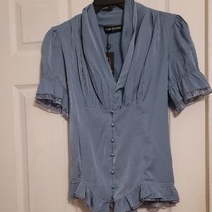 Kathy Chelsen Women's Blue Blouse with Ruffled Details